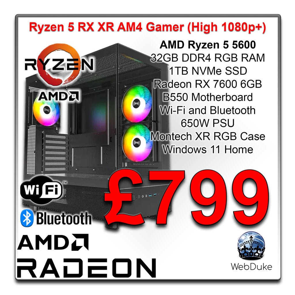 AMD RX XR AM4 Gamer - AMD Ryzen 5 5600X Radeon RX 7600 Gaming PC - WebDuke Computers