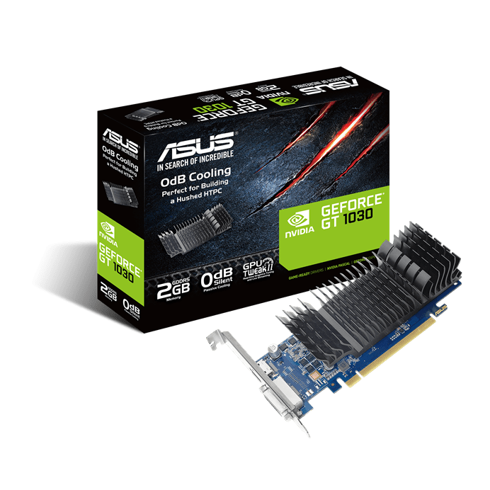 Asus GeForce GT 1030, 2GB DDR5, PCIe3, DVI, HDMI, 1506MHz Clock, Silent, Low Profile (Bracket Included) - WebDuke Computers