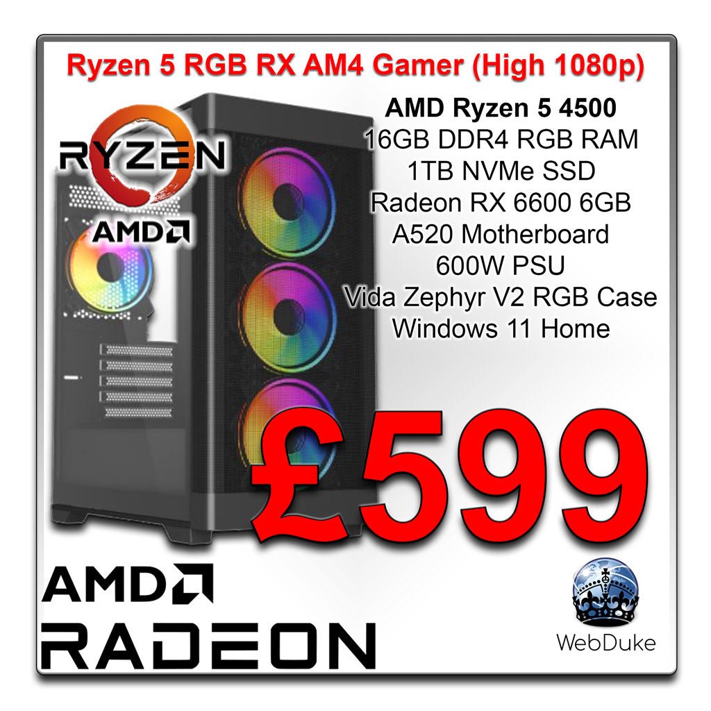 Entry RGB RX AM4 1080p Gaming PC - AMD Ryzen 5 4500 Radeon RX 6600 - WebDuke Computers