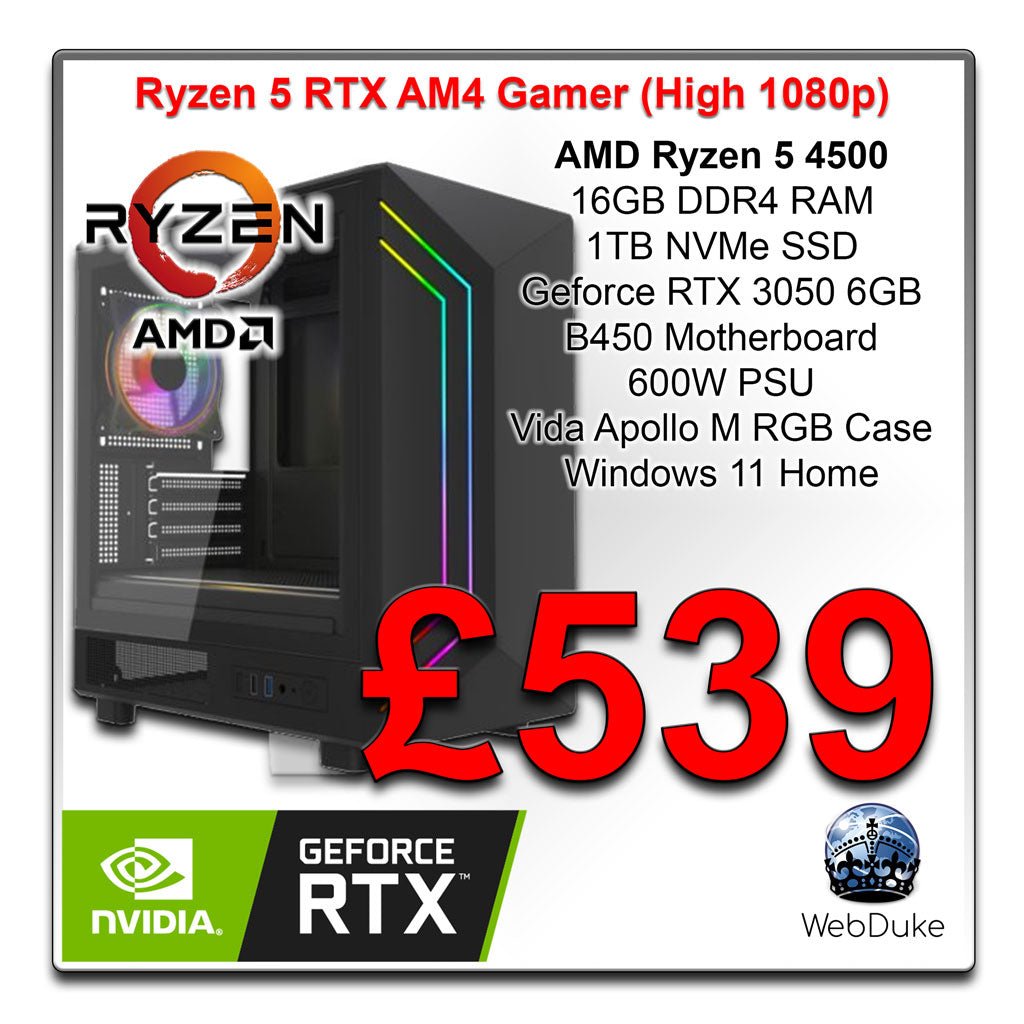 Entry RTX AM4 Gamer - Ryzen 5 4500 Geforce RTX 3050 Gaming PC - WebDuke Computers