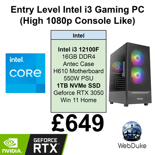 Entry Range Gaming PC - Intel i3 RTX 3050 - WebDuke Computers