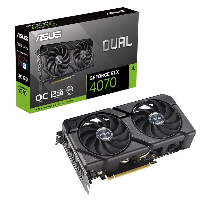 Asus Geforce RTX 4070 DUAL EVO OC, PCIe4, 12GB DDR6X, HDMI, 3 DP, 2550MHz Clock, Overclocked - WebDuke Computers