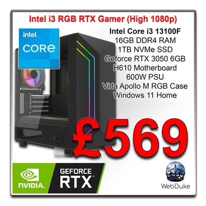 Intel i3 RGB RTX Gaming PC - Intel Core i3 13100F and Geforce RTX 3050 6GB - WebDuke Computers