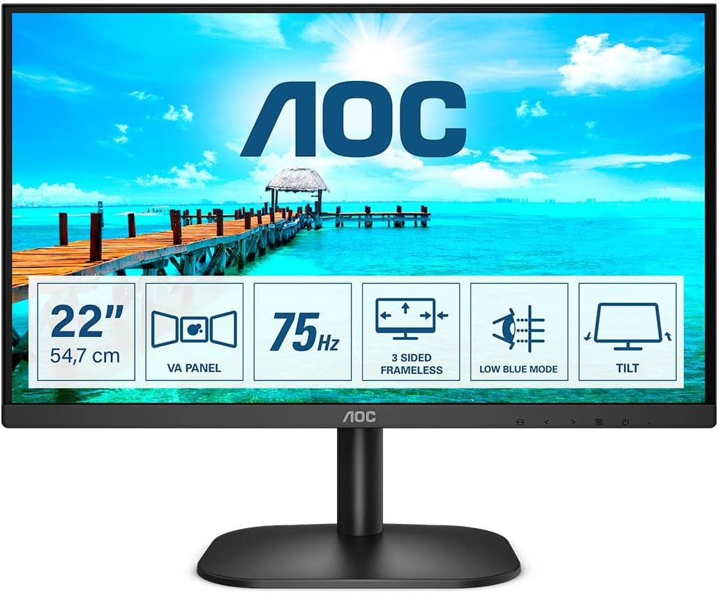 AOC 21.5" 3-Side Frameless Monitor (22B2H/EU), 1920 x 1080, 4ms, VGA, HDMI, 75Hz, VESA - WebDuke Computers