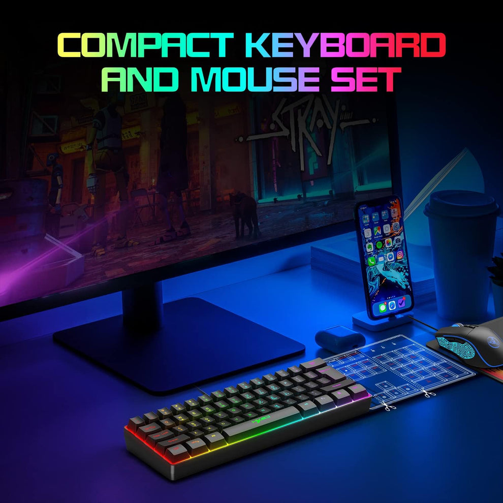 Keyboard Pc Compac HXSJ V700 Gaming Black RGB Keyboard and Mouse Combo - 60% Ultra Compac ...