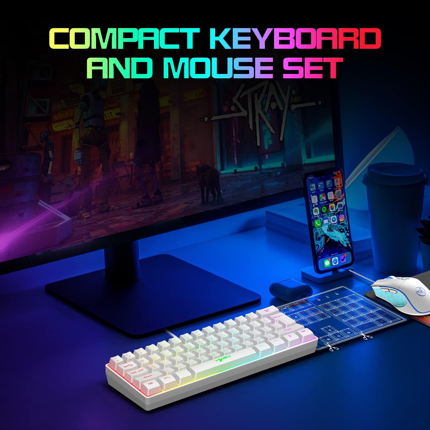 HXSJ V700 Gaming White RGB Keyboard and Mouse Combo - 60% Ultra Compact Keyboard, Mouse and Mouse Mat - WebDuke Computers